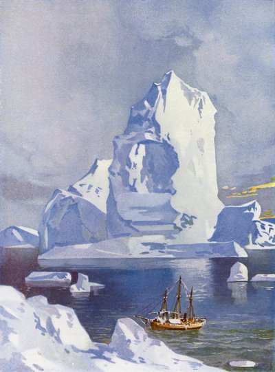 Segelfartyg framför ett gigantiskt isberg (färg litho) av English School