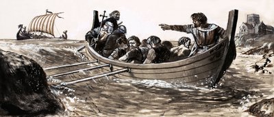 Saint Malo flyr från plundrande vikingar (gouache på papper) av English School