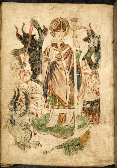 Saint Patrick, i biskopsdräkt, håller ett krucifix och gör en välsignelsegest, står på ön Lough Derg, Donegal (Irland), omgiven av demoner och plågade själar. Bild tagen från ""Purgatory of Saint Patrick"", engelskt manuskript, m av English School