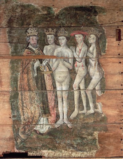 Sankt Peter tar emot adeln, från Wenhaston Doom, c.1500-20 (målat trä) av English School