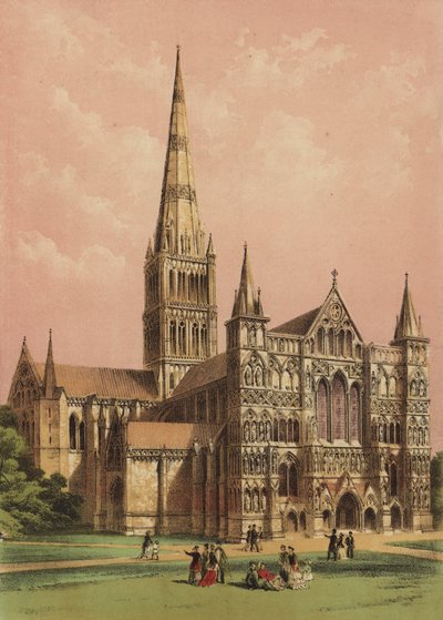 Katedralen i Salisbury, Wiltshire (färglitografi) av English School