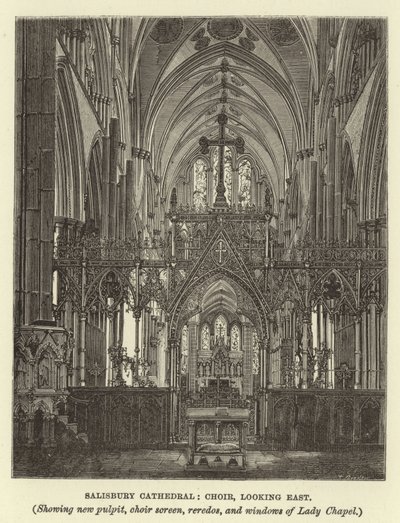 Salisbury Cathedral, kör, tittar österut, visar ny predikstol, körskärm, reredos och fönster i Lady Chapel av English School