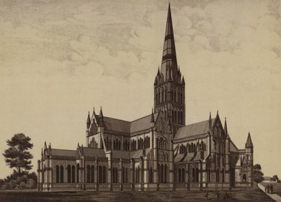 Salisbury Cathedral, från nordöstra (litho) av English School