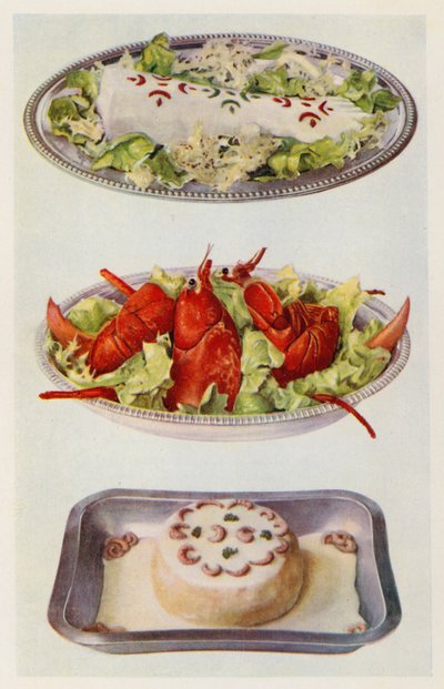 Laxmajonnäs, hummersallad, fisksufflé (färglitografi) av English School