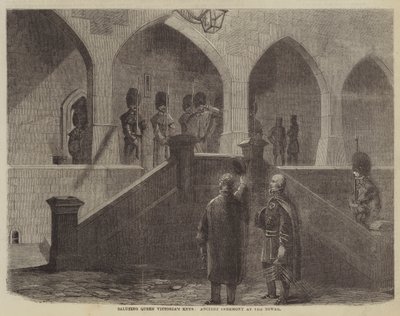 Saluterar drottning Victorias nycklar, antik ceremoni vid tornet (gravyr) av English School
