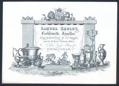 Samuel Keeley, guldsmed, juvelerare, silversmed och skärare, handelskort av English School