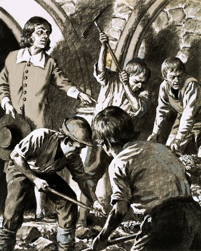 Samuel Pepys spelade in hur han försökte hitta Barksteads skattkammare (gouache på papper) av English School