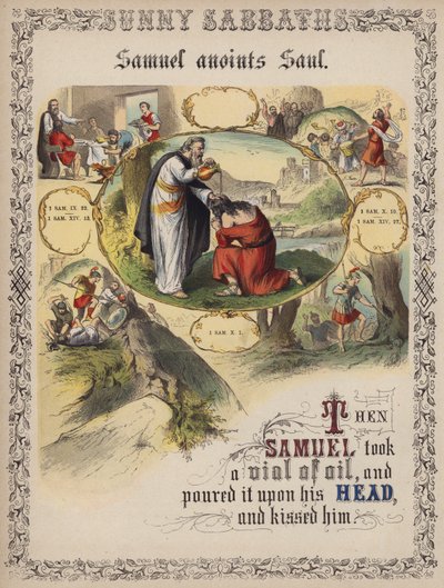 Samuel smörjer Saul (färgad gravyr) av English School