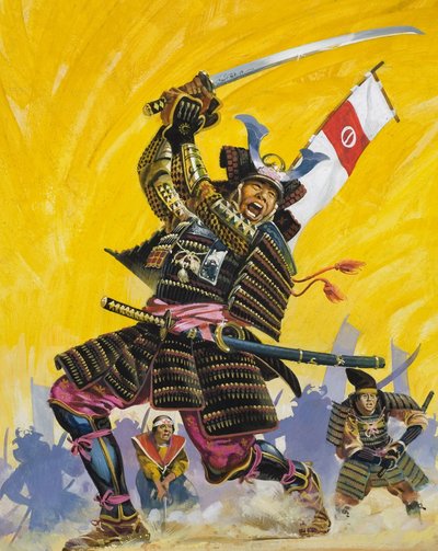 Samurai Warriors (gouache på papper) av English School
