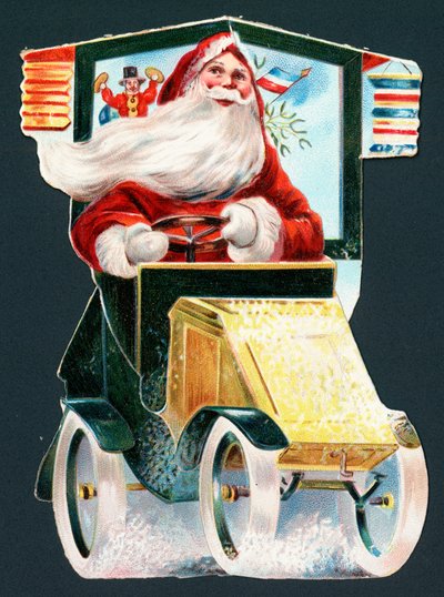 Jultomten kör bil, julkort av English School
