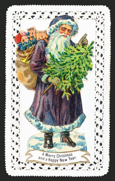 Jultomten med leksakssäck och träd, julkort av English School