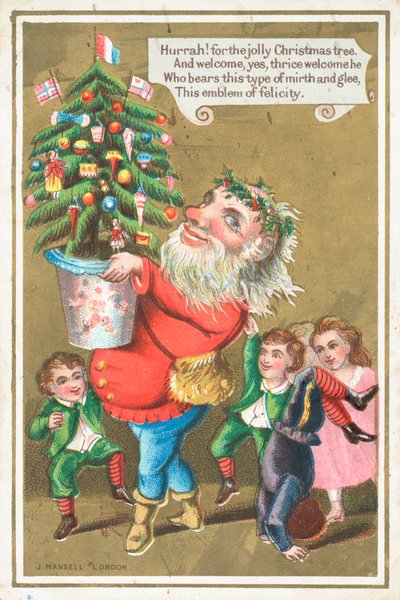 Jultomten bär julgran, julkort av English School