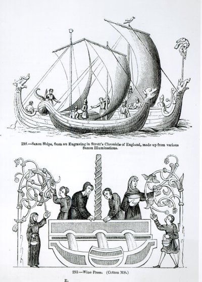 Saxon Ship, från en gravyr i Strutts Chronicle of England och en vinpress av English School