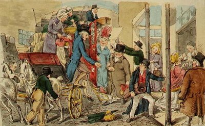 Scene at an Inn Yard, The Arrival of a Coach, ca 1820 (penna & bläck och akvarell på papper) av English School