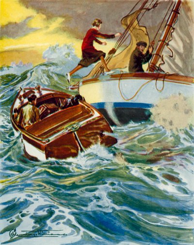 Scen från Four Valves and Sheila: en kvinna hoppar från en motorbåt till en yacht i grov sjö (färglitografi) av English School