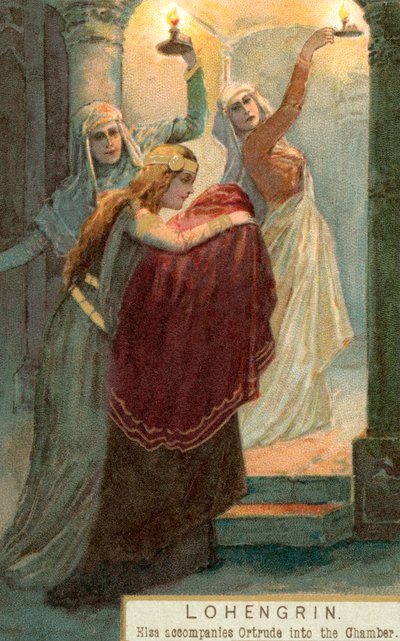 Scen ur Lohengrin: Elsa följer med Ortrud in i kammaren (chromolitho) av English School