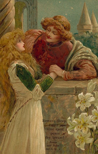 Scen ur Romeo och Julia av William Shakespeare (färglitografi) av English School