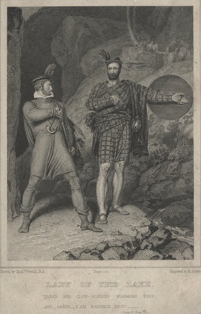 Scen från Sir Walter Scotts dikt The Lady of the Lake (gravyr) av English School