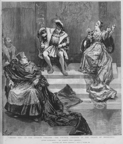 Scen från en produktion av Shakespeares Henry VIII på Lyceum Theatre, London (litho) av English School
