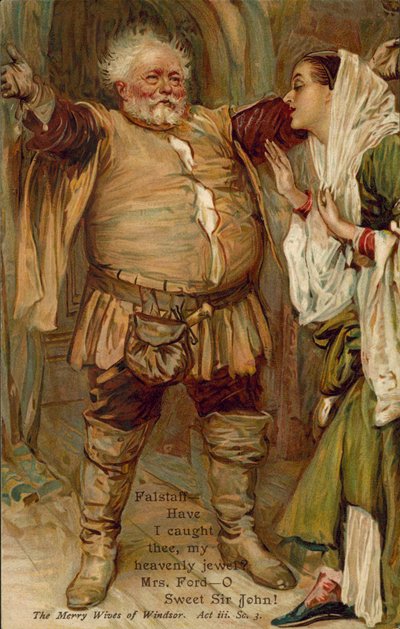 Scen ur De glada fruarna från Wndsor av William Shakespeare (färglitografi) av English School