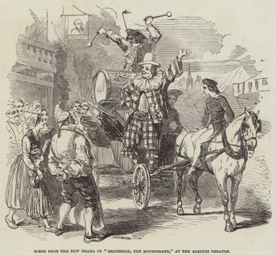 Scen från det nya dramat av "Belphegor, The Mountebank," på Adelphi Theatre (gravyr) av English School