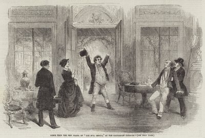 Scen från det nya dramat av "The Evil Genius" på Haymarket Theatre (gravyr) av English School