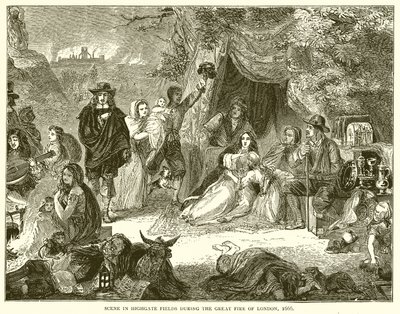Scen i Highgate Fields under den stora branden i London, 1666 av English School