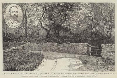 Scen för mordet på herr Walter Bourke och korpral Wallace, i Ardrahan, County Galway av English School