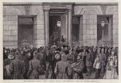 Scen utanför Birkbeck Bank, London, under byggnadskrisen 1892 (litho) av English School