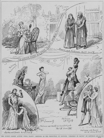 Scener från en föreställning av Charles Gounods opera Philemon et Baucis på Royal Opera House, Covent Garden, London av English School