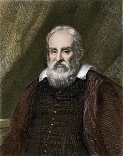 Vetenskap och vetenskapsmän: Porträtt av Galileo Galilei dit Galilee, italiensk astronom (1564-1642). Gravyr i färg. av English School
