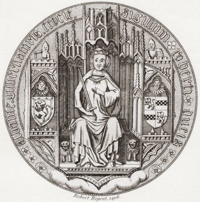 Sigill av Robert Stewart, hertig av Albany, ca. 1340 1420. Medlem av det skotska kungahuset, regent, guvernör i Skottland, Hertig av Albany, Earl of Fife & Menteith. Från Iconographia Scotica eller Portraits of Illustrious Persons of Scotland, publicerad 1 av English School