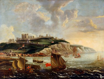 Havslandskap med Dover Castle (olja på duk) av English School