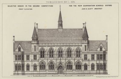 Vald design i den andra tävlingen för de nya examensskolorna Oxford, Front Elevation (gravyr) av English School