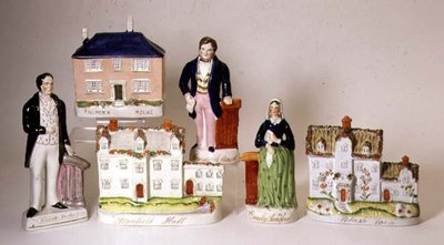 Urval av titulerade Staffordshire-figurer: Stanfield Hall; Potash Farm; Palmers hus; Emily Sandford; James Bloomfield Rush; William Palmer, ca 1849 (keramik) av English School