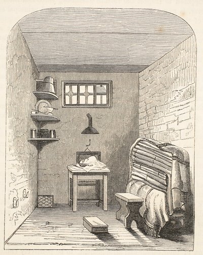 Separat cell i den gamla delen av fängelset i Brixton, illustration från The Criminal Prisons of London och Scenes from Prison Life av Henry Mayhew och John Binny, pub. 1862 av English School