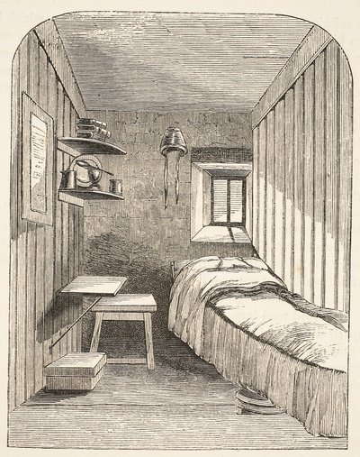 Separat sovcell i en av de nya flyglarna av Female Convict Prison i Brixton, illustration från The Criminal Prisons of London och Scenes from Prison Life av Henry Mayhew och John Binny, pub av English School