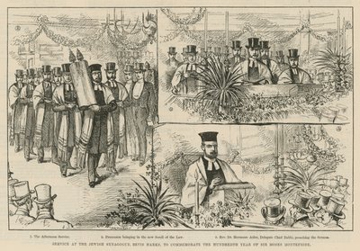 Gudstjänst vid den judiska synagogan, Bevis Marks, för att fira sir Moses Montefiores hundrade år av English School