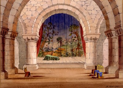 Scenografi för Hamlet av William Shakespeare, 1858 (wc på papper) av English School