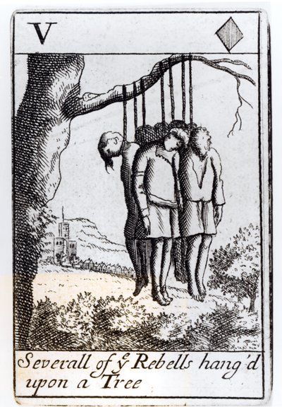 Flera rebeller hängde från ett träd, fem hjärtan som spelade kort från en uppsättning till minne av Monmouths uppror 1685 av English School