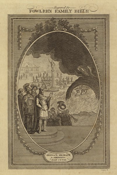 Sadrak, Mesak och Abed-Nego, Daniel, kapitel 3, vers 22 (gravyr) av English School