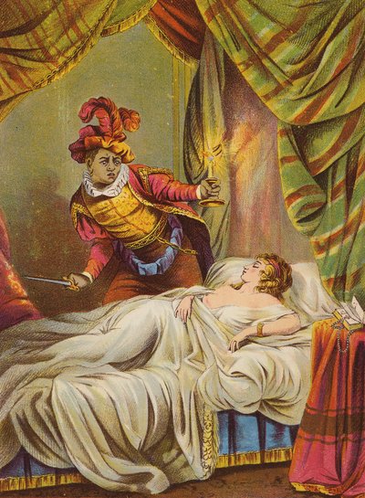 Shakespeare: Othello, Desdemona i säng, sovande (kromolit) av English School