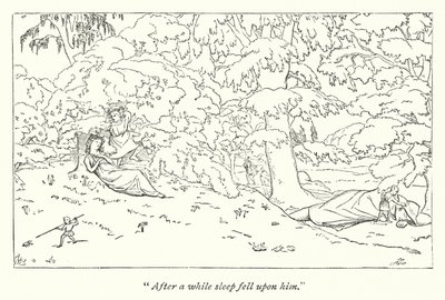 Shakespeares En midsommarnattsdröm; Titania sover (gravyr) av English School