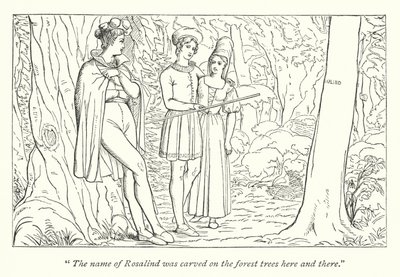 Shakespeares som du gillar det; Orlando ser Rosalind utklädd till Ganymedes (gravyr) av English School