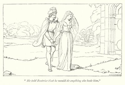Shakespeares Much Ado About Nothing; Beatrice beklagar Heros skam mot Benedick (gravyr) av English School