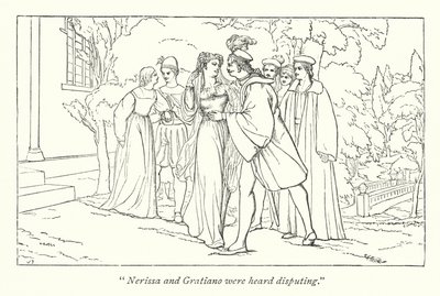 Shakespeares Köpmannen i Venedig; Portia upptäcker sig själv som den låtsades Doctors of Laws (gravyr) av English School