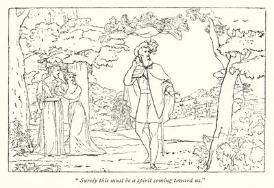 Shakespeares Stormen; Ferdinand ledd av Ariels sång (gravyr) av English School