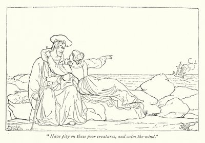 Shakespeares Stormen; Miranda vädjar till sin far att lugna vinden (gravyr) av English School