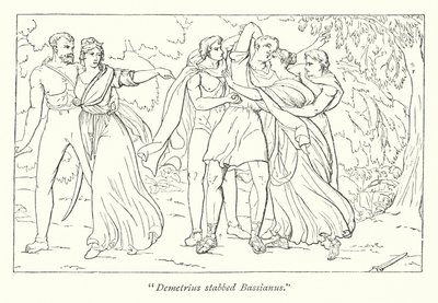 Shakespeares Titus Andronicus; Demetrius, anstiftad av Tamora, mördar Bassianus (gravyr) av English School