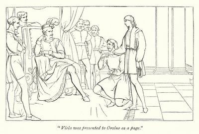 Shakespeares tolfte natt; bildtexten som presenterar Viola för Orsino av English School